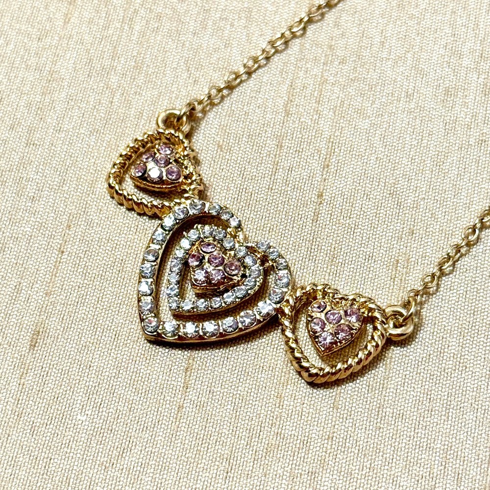 Monet Triple Heart Necklace, Pink & Clear Rhinestone Sweetheart – 19″