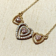 Monet Triple Heart Necklace, Pink & Clear Rhinestone Sweetheart – 19″