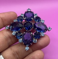 Vintage Silver Tone Prong Set Blue Rhinestone Pin Brooch 2 1/4”