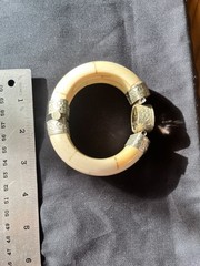 Vintage Buffalo Bone Bangle with Smoky Quartz or Topaz & Embossed Silver