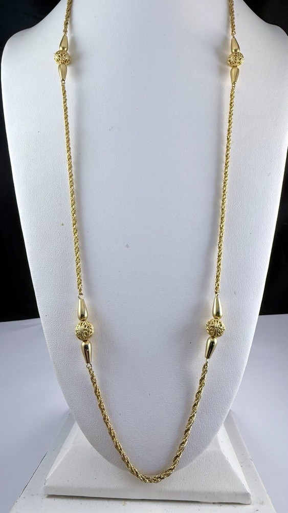 Vintage Gold Tone Chain Filigree Ball Station Beaded Necklace 17″