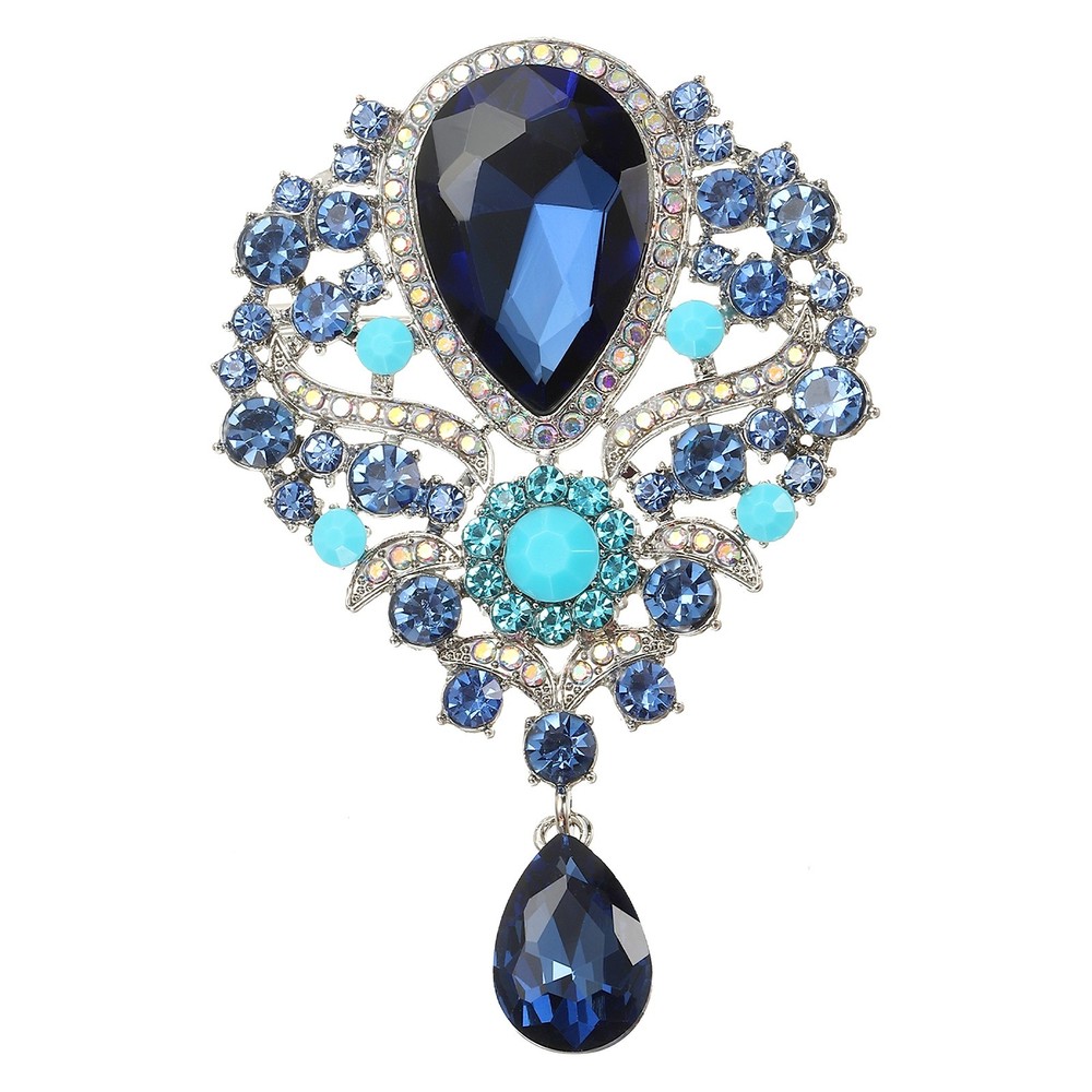 1 Pcs Large Rhinestone Brooch for Women, Blue(3.5×2.2 Inch)