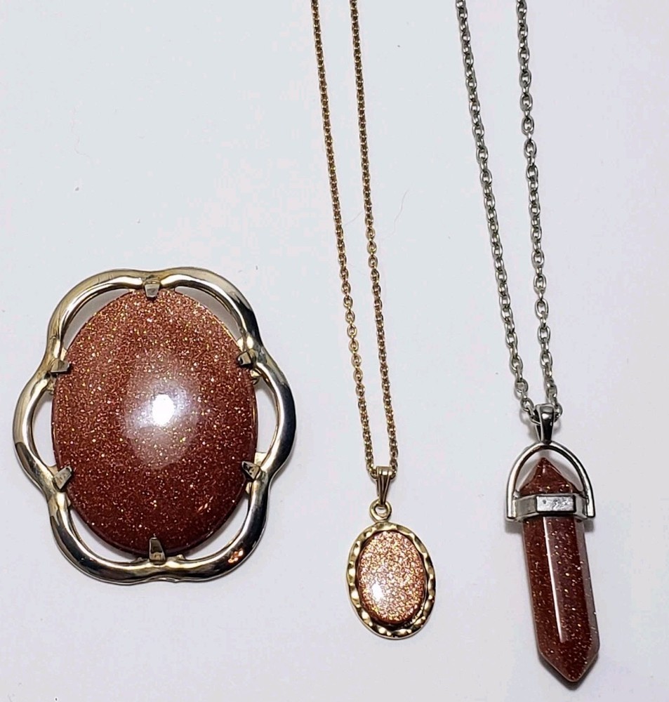 3pc LOT GOLDSTONE Gold Filled Brooch JJJ Co & 2 Goldstone Necklaces Vtg jewelry