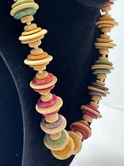 Boho Chic Fashion Wood Rainbow Disc 18” Necklace Vintage Estate Chunky Funky WOW