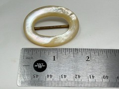 Antique Victorian Era Brass Oval Mother Of Pearl Shell Buckle or Scarf Slide