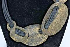 Boho Hammered Brass Tone Statement Necklace Multi Strand Cord Tribal Artisan