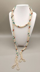 Vintage 1960s Bead Crochet Lariat Tassel Necklace Faux Pearl Floral Rope 48″