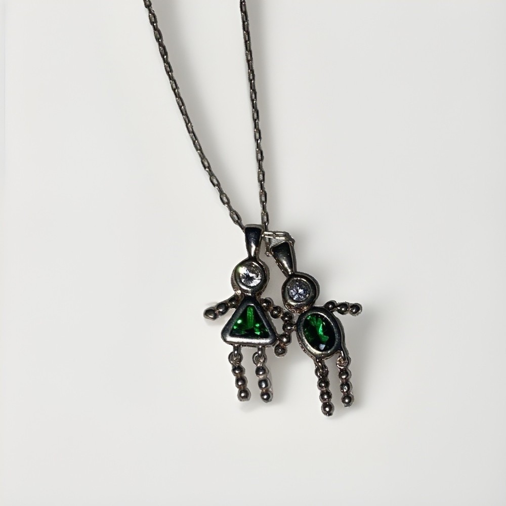 Vintage Sterling Birthstone Baby Pendant Emerald Green CZ Articulated 30 Inch