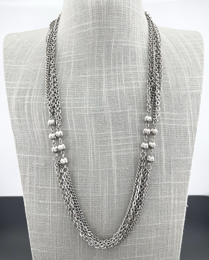 Vintage Necklace Multi Chain Ribbed Beaded MCM Silver Tone 48”