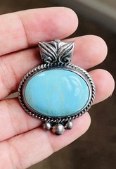 Heavy Vintage Sterling Silver 925 Turquoise Oval Slide Pendant 19-grams Lot P16