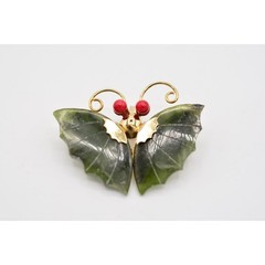 Vintage Butterfly Pin Brooch Green Cabochon Faux Jade Gold Tone 1970s BinAQ