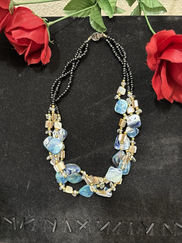 Vintage Triple Strand Pearlized Blue Stone Beaded Necklace 18″