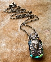 Egyptian Revival Necklace King Tut Pharaoh Pendant Iridescent Rhinestone Scarab