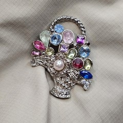 Vintage Silver Tone Colorful Rhinestone Faux Pearl Flower Basket Brooch Pin