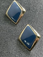 Vintage 1.1” Blue Enameled Gold Tone Metal Earrings