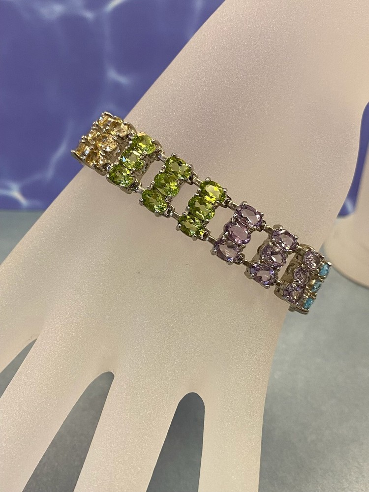 STERLING SILVER BRACELET 7″ AMETHYST CITRINE PERIDOT BLUE TOPAZ GENUINE STONES