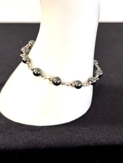 Vintage Sterling Silver 925 5MM Gray HEMATITE BEAD Link Bracelet 7.25″ L – 8.4G