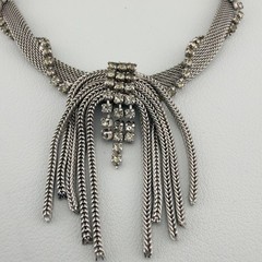 Vintage Mesh Tassel Necklace Rhinestone Silver Tone Dangling Collar