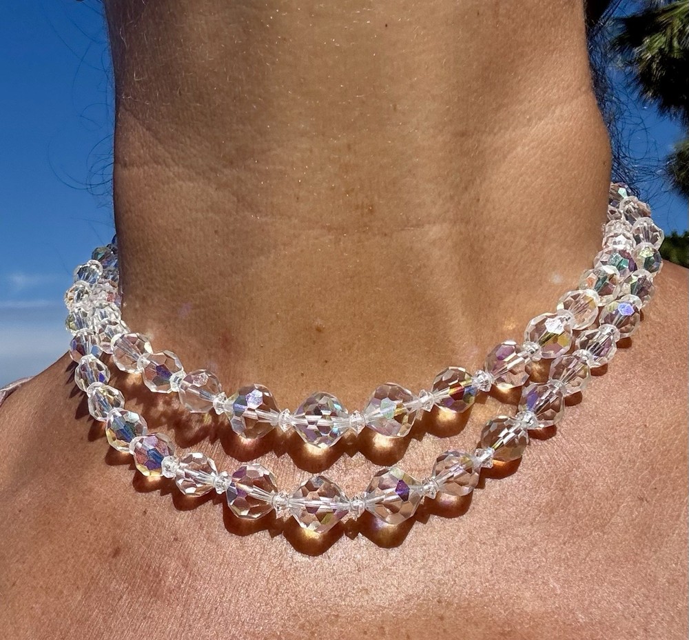 Vintage Coro Aurora Borealis Faceted Graduated Crystal Choker 2 Strand Necklace