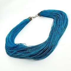 Vintage Retro Multi-Strand Blue Silk Thread Shimmer Choker Necklace Teal Boho