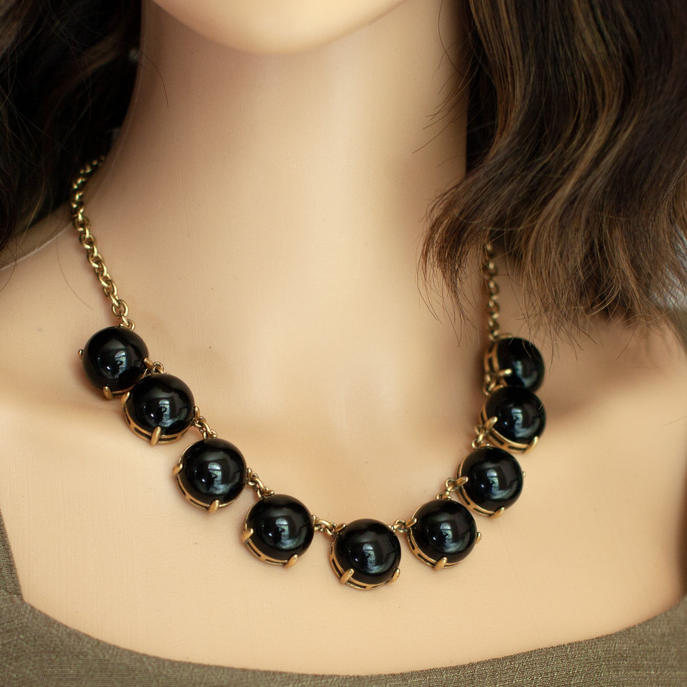 J.Crew Vintage Brass Necklace 9 Round Stones Adjustable Chain Statement Jewelry
