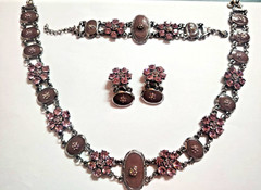 Antique Style Art Deco Silver Tone Filigree Pink/Purple Cabochon jewelry Set