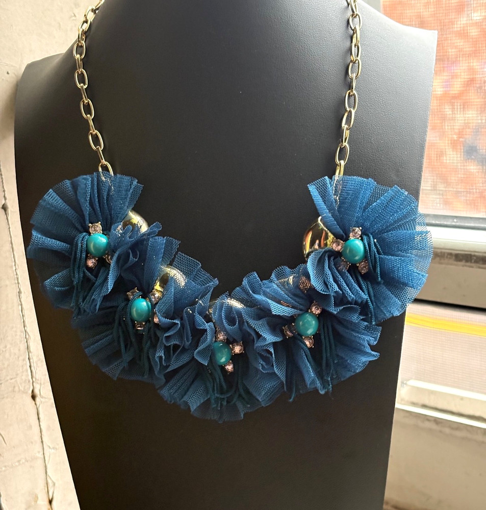 SUGARFIX BLUE Tutu Lace Flowers & Rhinestone Ballerina Necklace Gold Tone