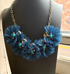 SUGARFIX BLUE Tutu Lace Flowers & Rhinestone Ballerina Necklace Gold Tone