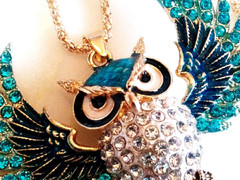 RHINESTONE OWL NECKLACE!Blue Enamel Bird Pendant.Aqua & Clear Crystals.Gold Tone