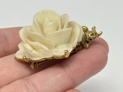 Vintage Cherub Angel Carved Rose Pin Brooch Gold Tone Cream Celluloid