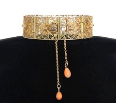 Antique Italian Gilt Silver Filigree Panel Bracelet, Natural Salmon Coral Drops