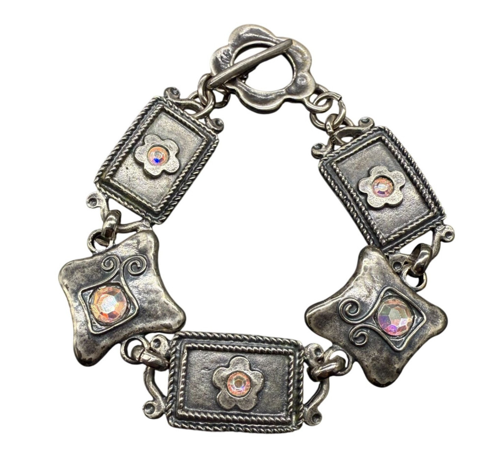 Vtg AVGAD Bracelet Hammered Iridescent Crystal Floral Rectangular Panels
