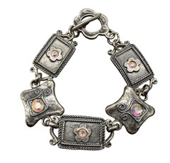 Vtg AVGAD Bracelet Hammered Iridescent Crystal Floral Rectangular Panels