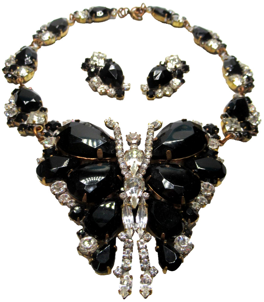LILIEN CZECH Huge Black Glass Rhinestone Butterfly Necklace Earring Set