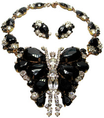 LILIEN CZECH Huge Black Glass Rhinestone Butterfly Necklace Earring Set
