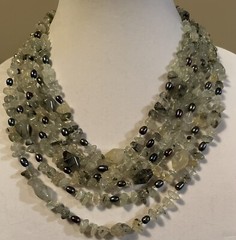 Vintage Tourmalinated Prehnite Nugget Necklace W/Bicone Beads, Freshwater Pearls