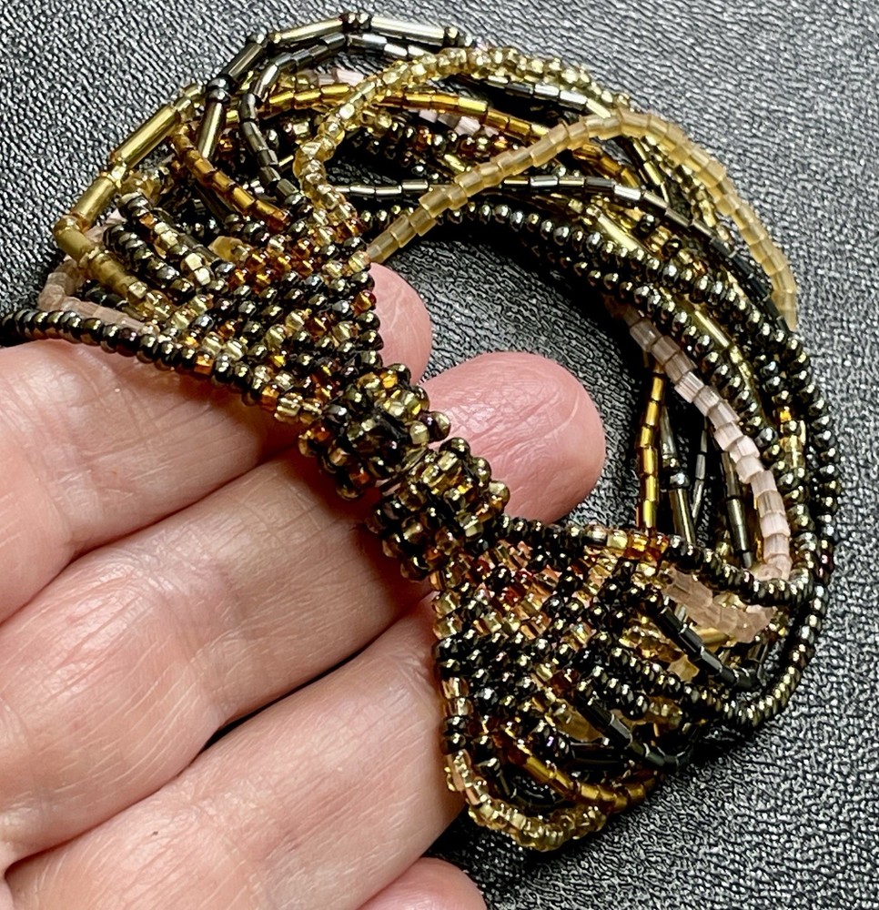 Vintage 7” Brown & Yellow Seed Bead Bracelet Magnetic Clasp