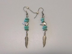 Vintage Navajo Turquoise Bear Fetish Feather Dangling Sterling Silver Earrings