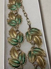 Vintage Green & Gold Enamel Metal Leaf Necklace