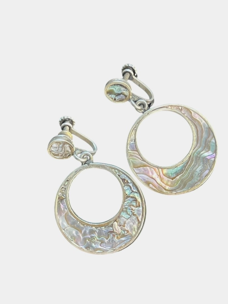 Vintage 1950s Mexico Sterling Silver Abalone Crescent Hoop Screw-Back Earrings