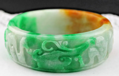 Chunky Vintage Carved Jadeite Jade Dragon Foo Dog 6.5″ Bangle Bracelet