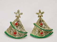 Christmas Trees Earrings Faux Pearl Enamel Pierced Vintage D3070