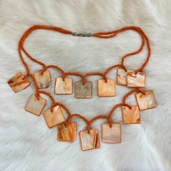 Vtg Geometric Necklace Mother of Pearl Orange Dyed Art to Wear Beachy Boho 13827