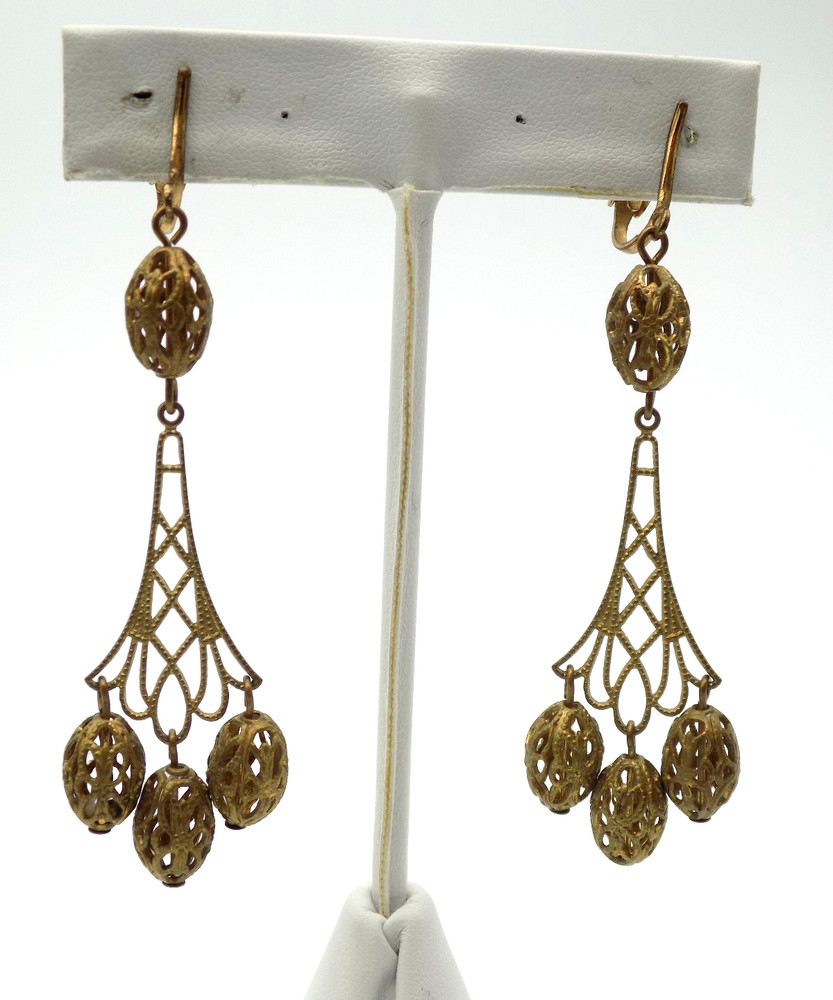 Vintage Brass Filigree Chandelier Dangle Drop Clip on Earrings Ornate