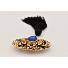 Vintage Cabochon Tassel Pin Brooch Lightweight Antiqued Gold Blue Black BinBG