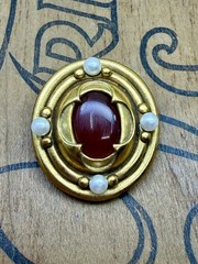 VTG Signed MMA Egyptian Revival Gold Tone Faux Pearl Carnelian Brooch Pin