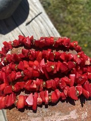 Vintage Red Natural Coral Chip Necklace 3 Three Strands 18 In Gold Tone Estate