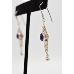 Vintage 925 Sterling Silver Dangle Drop Earrings Purple Cabochon Signed Bin4