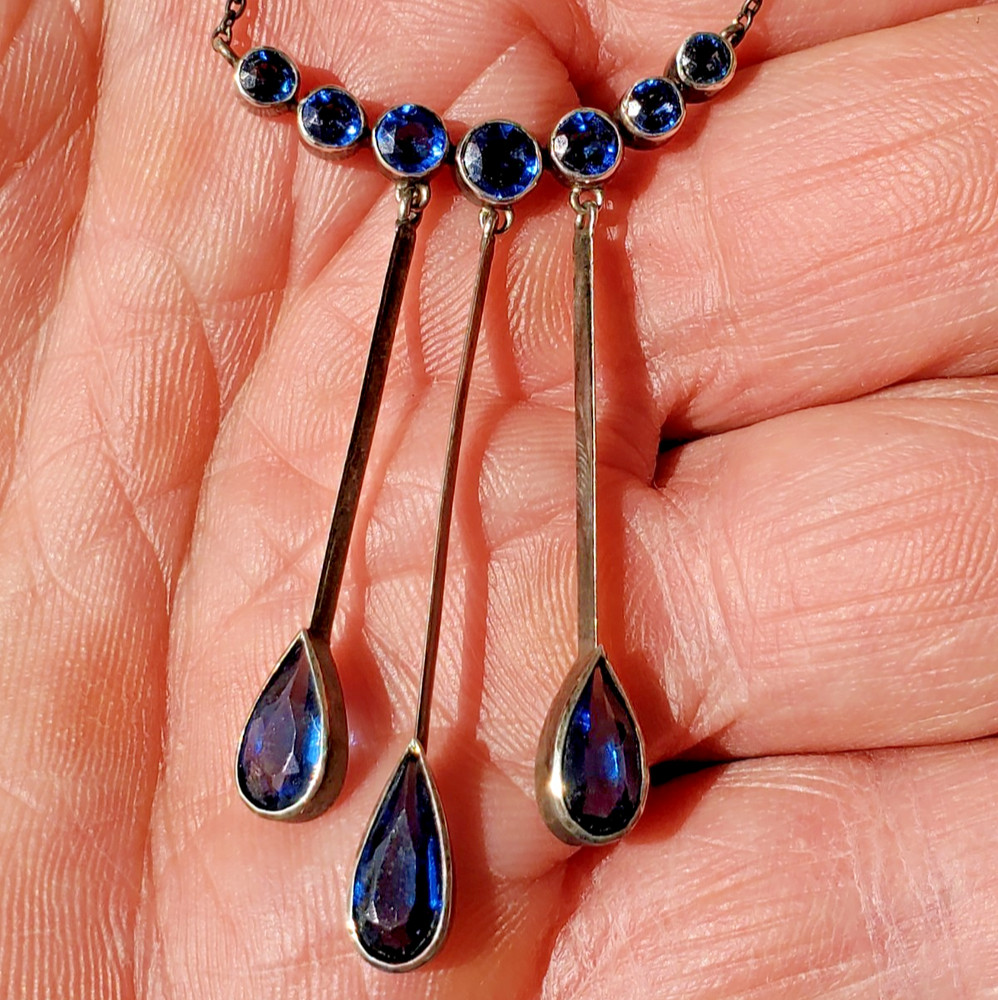 Original STERLING SILVER 925 Deco Modernist Rare Necklace Vintage Sapphire Paste