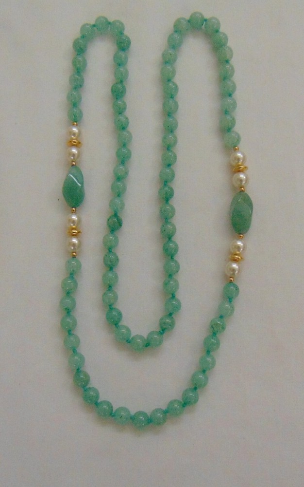 Vintage 1980’s Green Quartz Faux Pearls Hand Knotted Beaded Necklace New #7